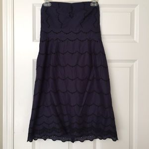 J. Crew Navy Embroidered Strapless Scallop Dress